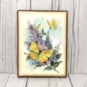 VTG Lithograph 1973 Scafa Butterfly Wall Art Plaque Lilac Floral Cottagecore